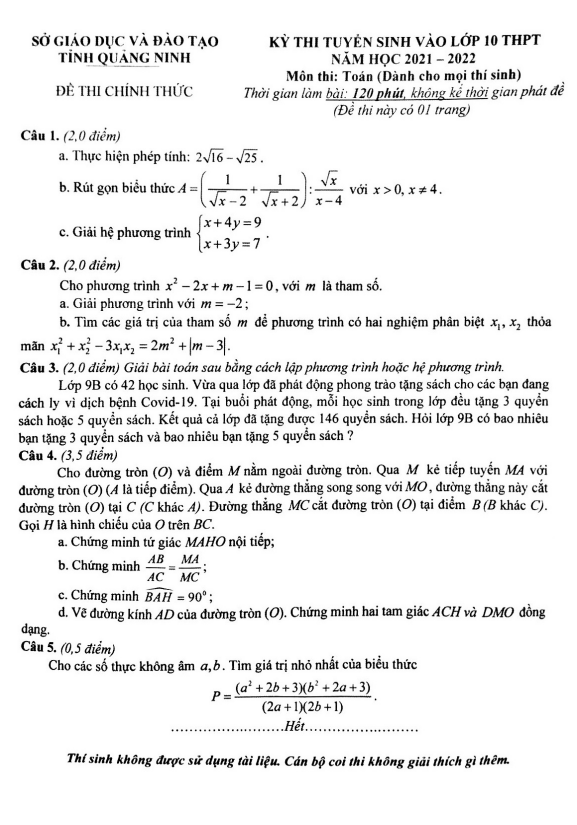 Đề tuyển sinh lớp 10 môn Toán năm 2021 – 2022 sở GD&ĐT tỉnh Quảng Ninh