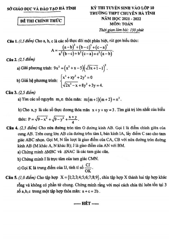 Đề tuyển sinh lớp 10 môn Toán năm 2021 – 2022 trường THPT chuyên Hà Tĩnh