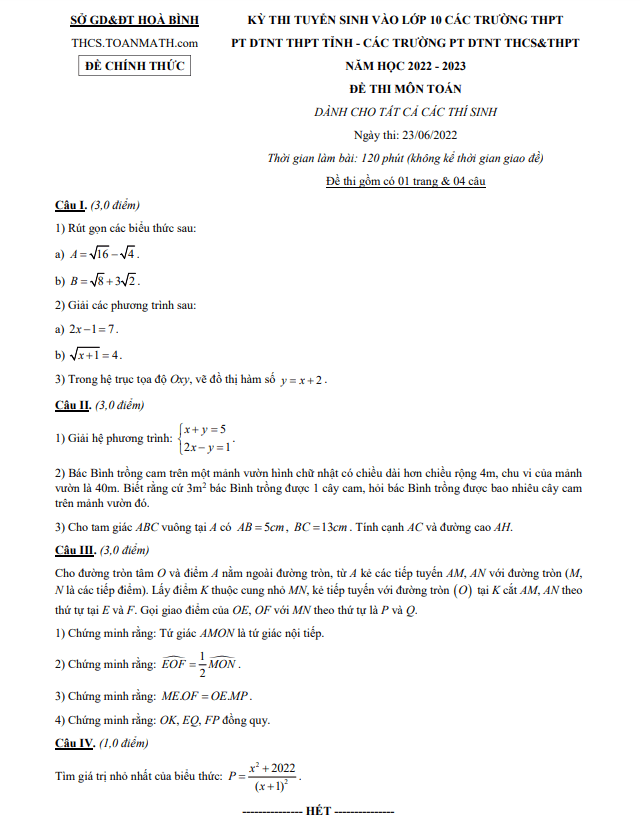 Đề tuyển sinh lớp 10 môn Toán năm 2022 – 2023 sở GD&ĐT Hoà Bình