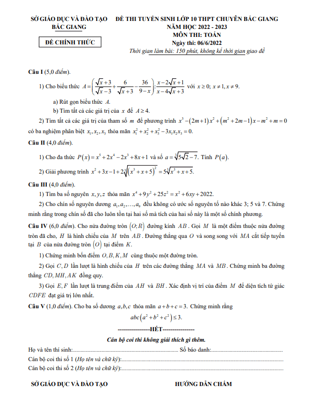 Đề tuyển sinh lớp 10 môn Toán năm 2022 – 2023 trường THPT chuyên Bắc Giang