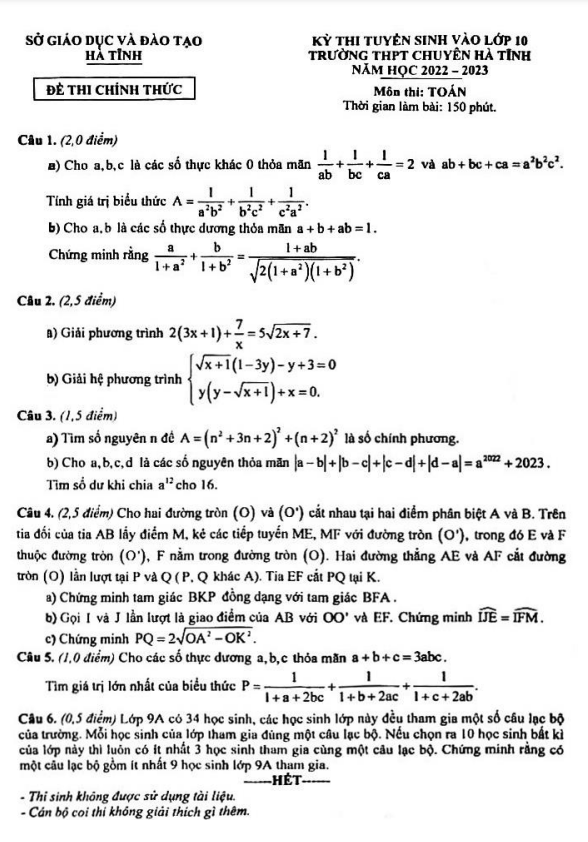 Đề tuyển sinh lớp 10 môn Toán năm 2022 – 2023 trường THPT chuyên Hà Tĩnh