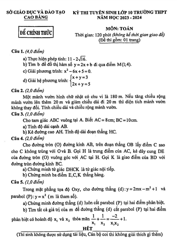 Đề tuyển sinh lớp 10 môn Toán năm 2023 – 2024 sở GD&ĐT Cao Bằng