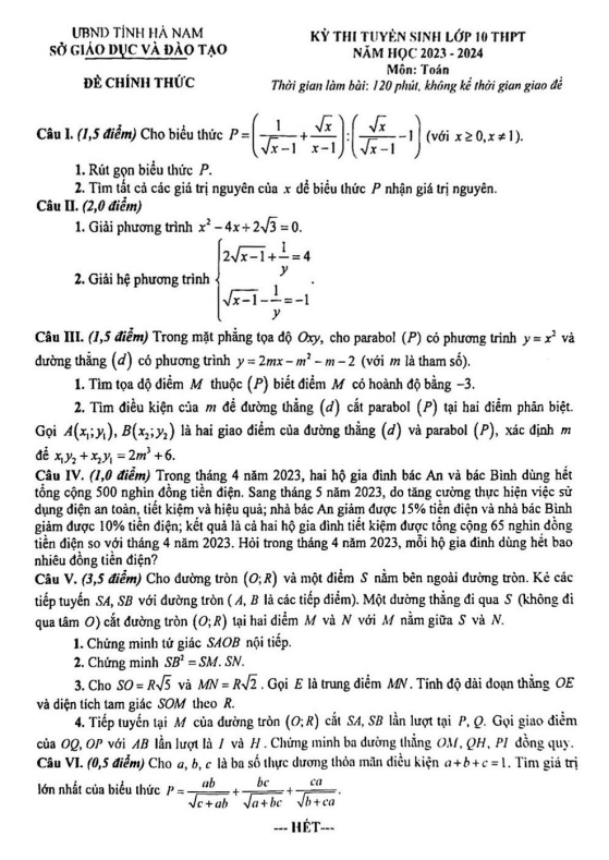 Đề tuyển sinh lớp 10 môn Toán năm 2023 – 2024 sở GD&ĐT Hà Nam