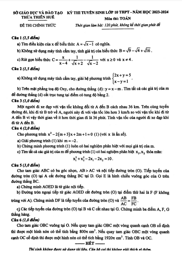 Đề tuyển sinh lớp 10 môn Toán năm 2023 – 2024 sở GD&ĐT Thừa Thiên Huế