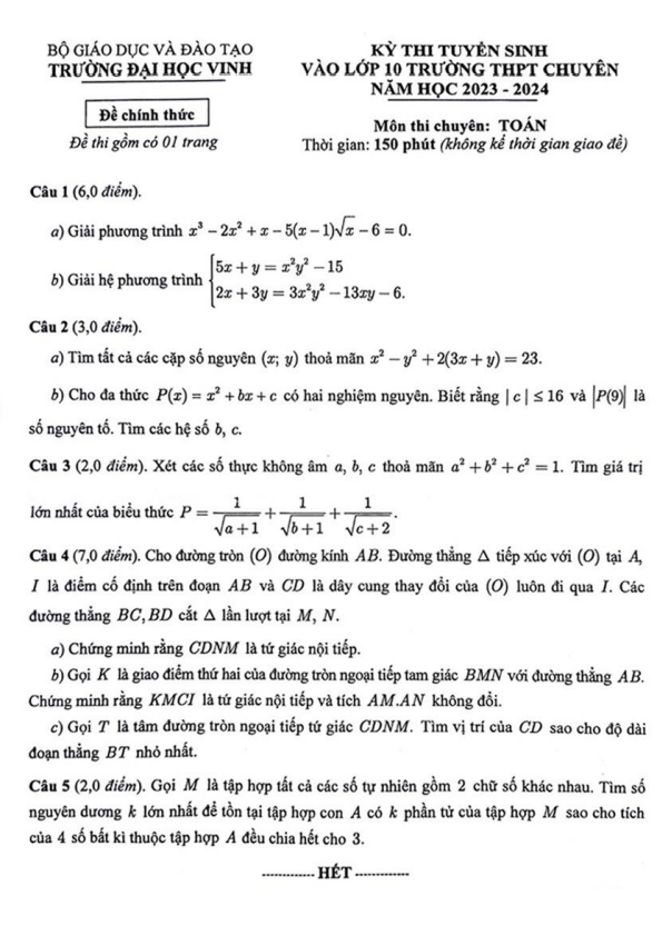 Đề tuyển sinh lớp 10 môn Toán năm 2023 – 2024 trường THPT chuyên ĐH Vinh – Nghệ An