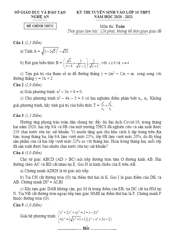 Đề tuyển sinh lớp 10 môn Toán năm học 2020 – 2021 sở GD&ĐT Nghệ An