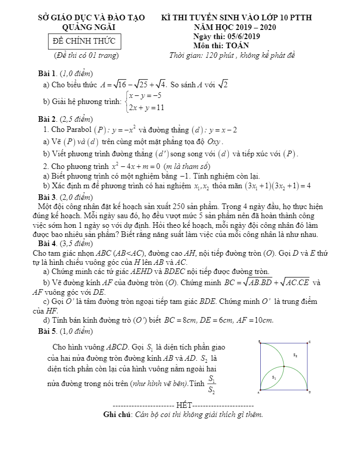 Đề tuyển sinh lớp 10 năm 2019 – 2020 môn Toán sở GD&ĐT Quảng Ngãi