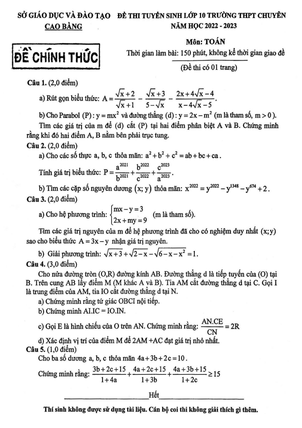 Đề tuyển sinh lớp 10 THPT chuyên môn Toán năm 2022 – 2023 sở GD&ĐT Cao Bằng
