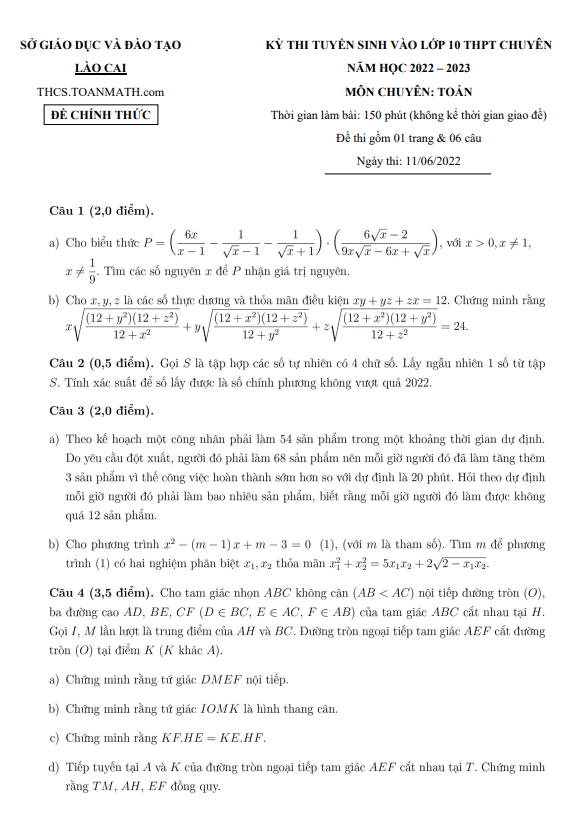 Đề tuyển sinh lớp 10 THPT chuyên môn Toán năm 2022 – 2023 sở GD&ĐT Lào Cai