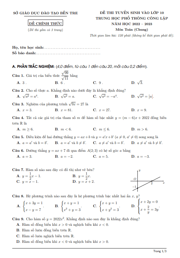 Đề tuyển sinh lớp 10 THPT môn Toán (chung) năm 2022 – 2023 sở GD&ĐT Bến Tre