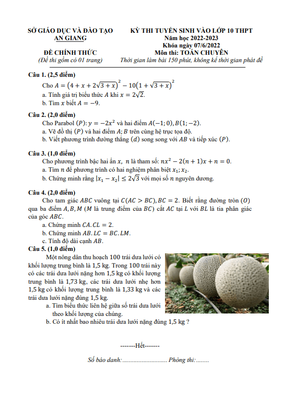 Đề tuyển sinh lớp 10 THPT môn Toán (chuyên) năm 2022 – 2023 sở GD&ĐT An Giang