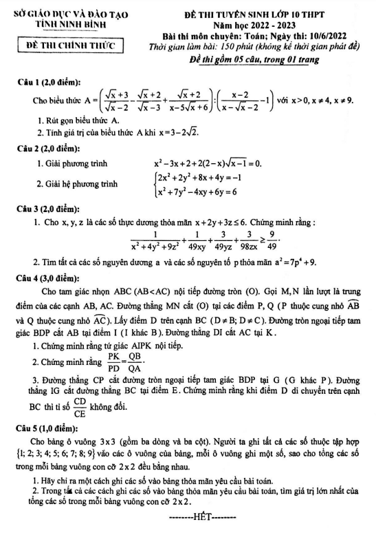 Đề tuyển sinh lớp 10 THPT môn Toán (chuyên) năm 2022 – 2023 sở GD&ĐT Ninh Bình