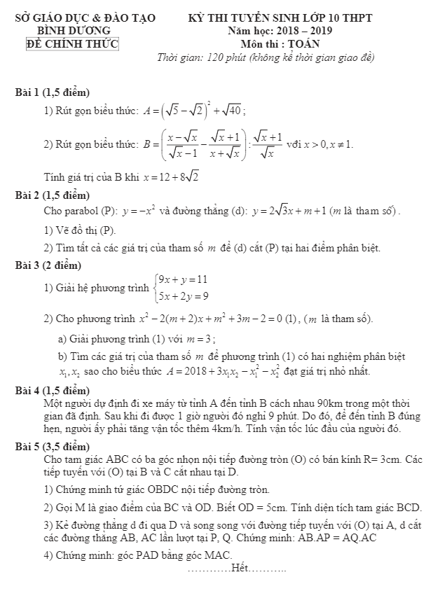 Đề tuyển sinh lớp 10 THPT môn Toán năm 2018 – 2019 sở GD và ĐT Bình Dương
