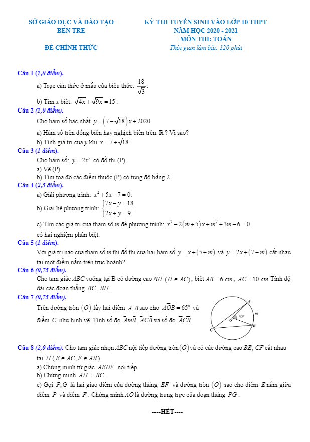Đề tuyển sinh lớp 10 THPT môn Toán năm 2020 – 2021 sở GD&ĐT Bến Tre (chung)