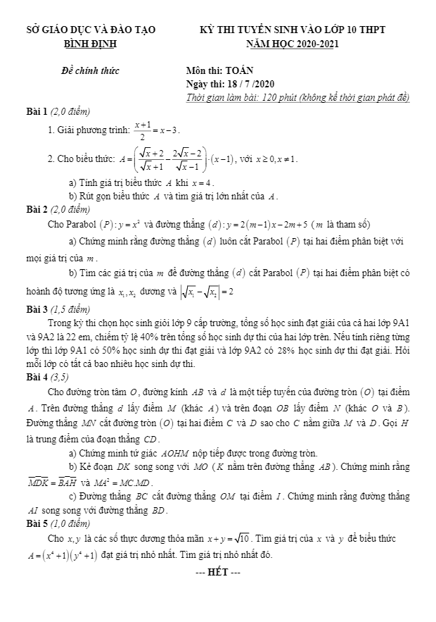 Đề tuyển sinh lớp 10 THPT môn Toán năm 2020 – 2021 sở GD&ĐT Bình Định