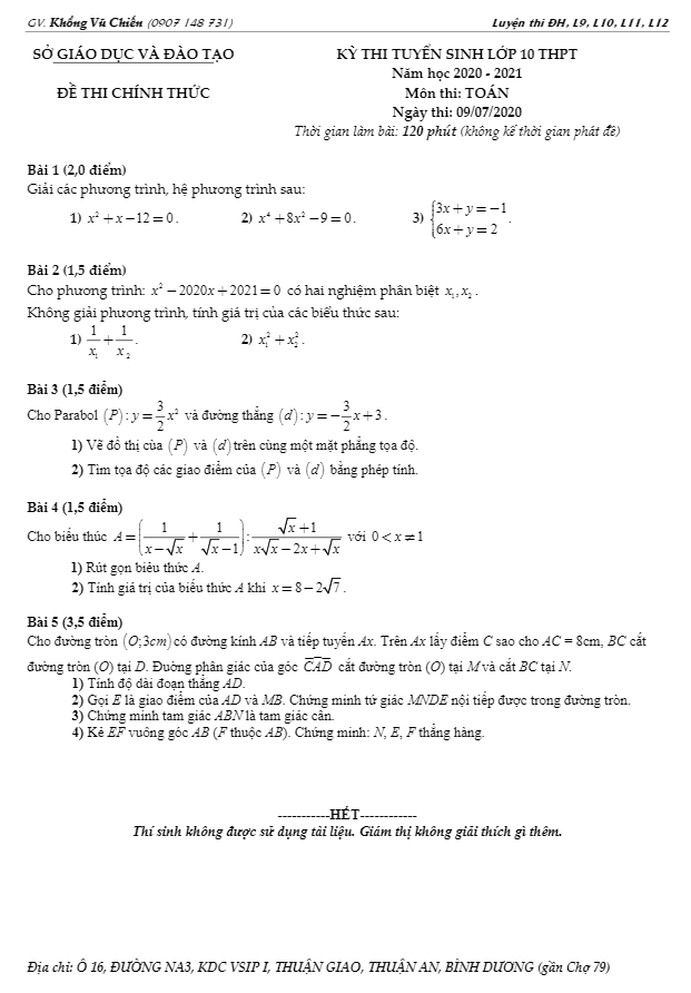 Đề tuyển sinh lớp 10 THPT môn Toán năm 2020 – 2021 sở GD&ĐT Bình Dương