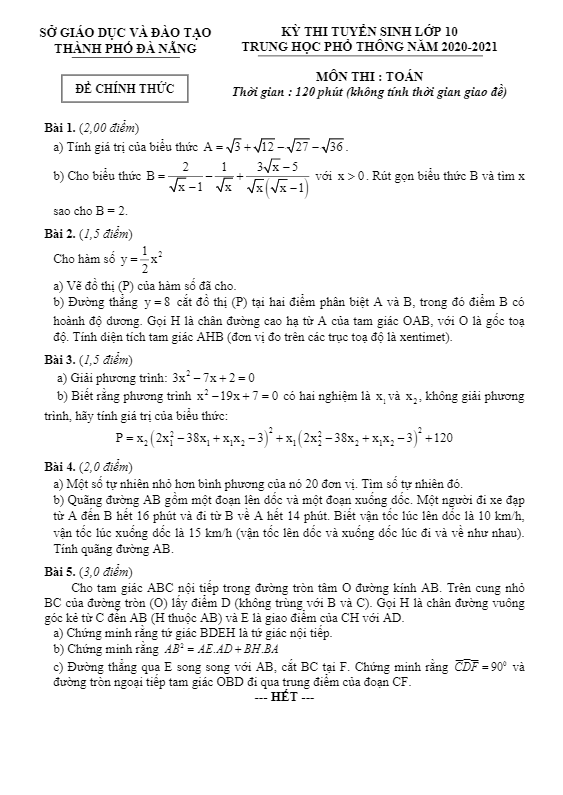 Đề tuyển sinh lớp 10 THPT môn Toán năm 2020 – 2021 sở GD&ĐT Đà Nẵng