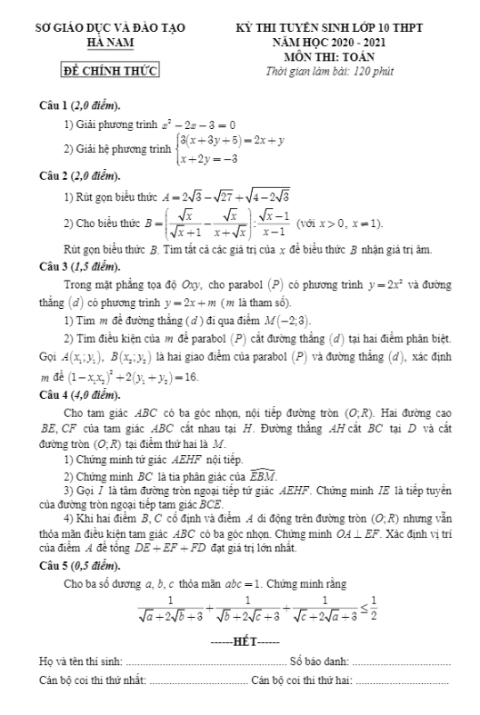 Đề tuyển sinh lớp 10 THPT môn Toán năm 2020 – 2021 sở GD&ĐT Hà Nam