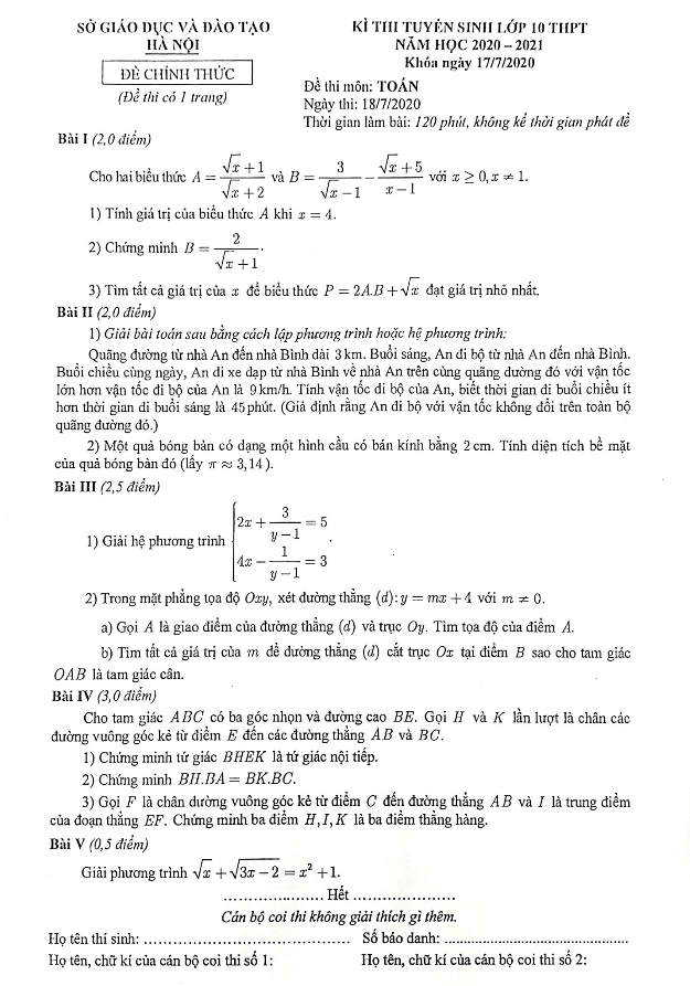 Đề tuyển sinh lớp 10 THPT môn Toán năm 2020 – 2021 sở GD&ĐT Hà Nội