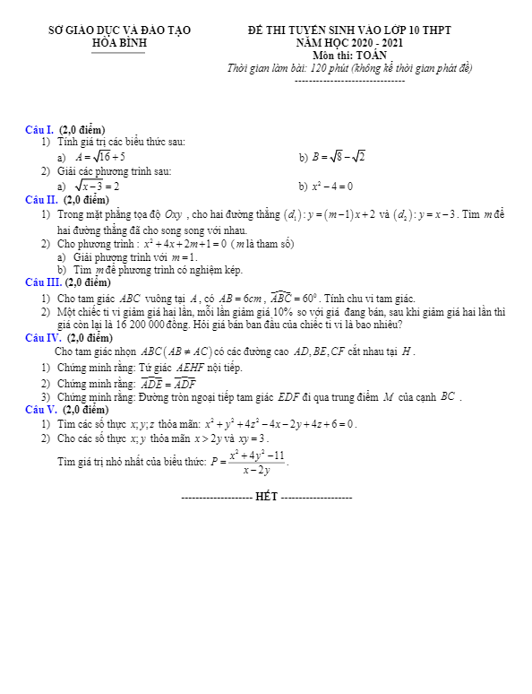 Đề tuyển sinh lớp 10 THPT môn Toán năm 2020 – 2021 sở GD&ĐT Hòa Bình