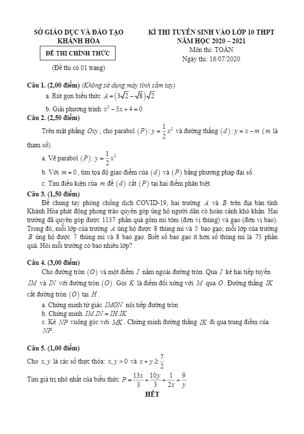 Đề tuyển sinh lớp 10 THPT môn Toán năm 2020 – 2021 sở GD&ĐT Khánh Hòa