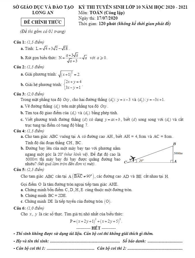 Đề tuyển sinh lớp 10 THPT môn Toán năm 2020 – 2021 sở GD&ĐT Long An