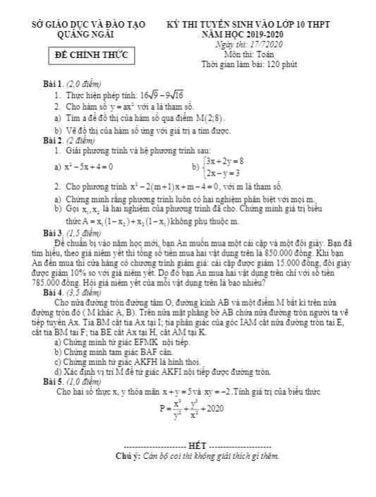 Đề tuyển sinh lớp 10 THPT môn Toán năm 2020 – 2021 sở GD&ĐT Quảng Ngãi
