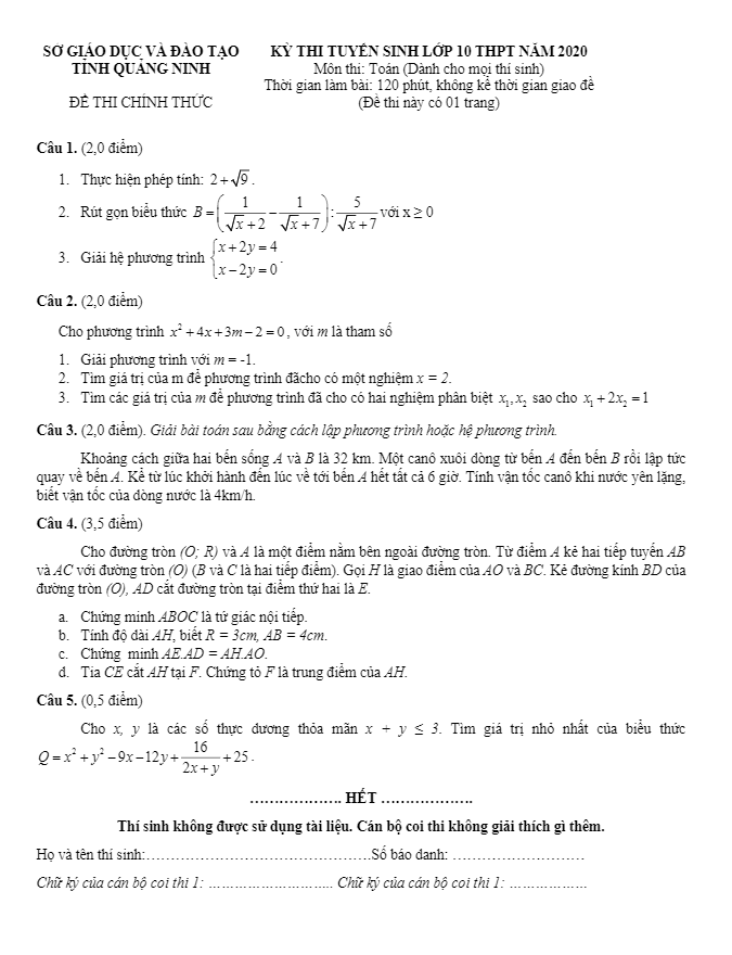 Đề tuyển sinh lớp 10 THPT môn Toán năm 2020 – 2021 sở GD&ĐT Quảng Ninh
