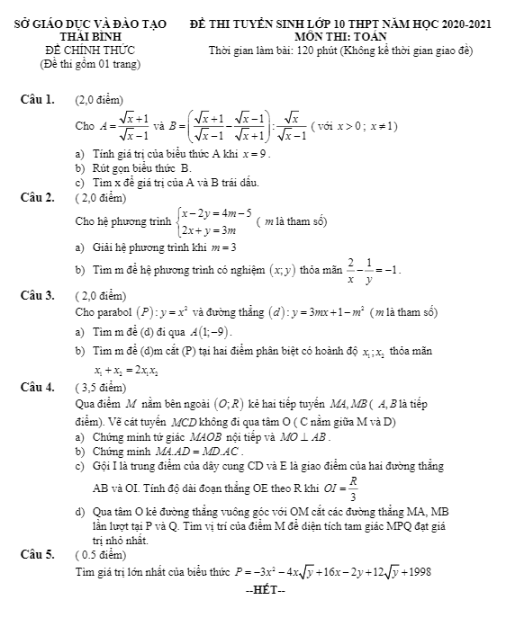 Đề tuyển sinh lớp 10 THPT môn Toán năm 2020 – 2021 sở GD&ĐT Thái Bình