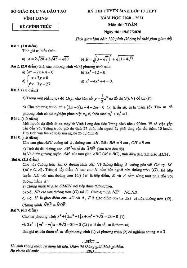 Đề tuyển sinh lớp 10 THPT môn Toán năm 2020 – 2021 sở GD&ĐT Vĩnh Long