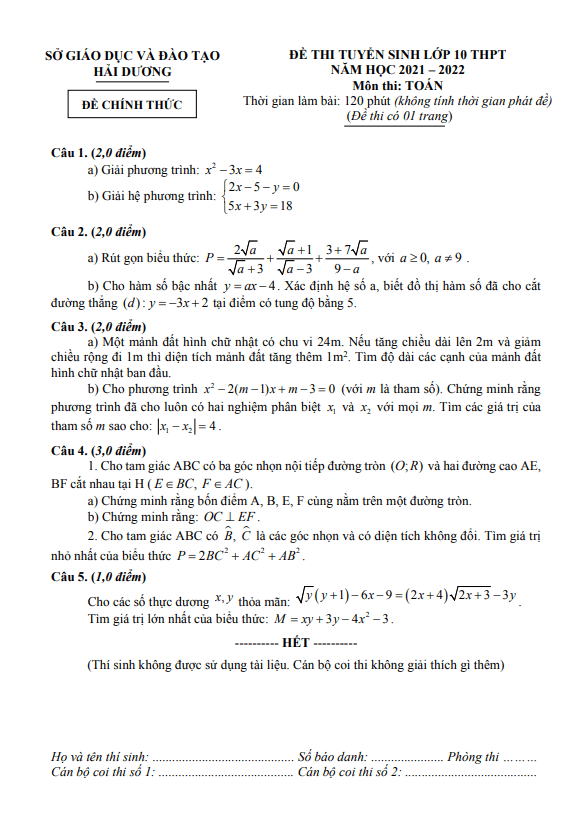 Đề tuyển sinh lớp 10 THPT môn Toán năm 2021 – 2022 sở GD&ĐT Hải Dương