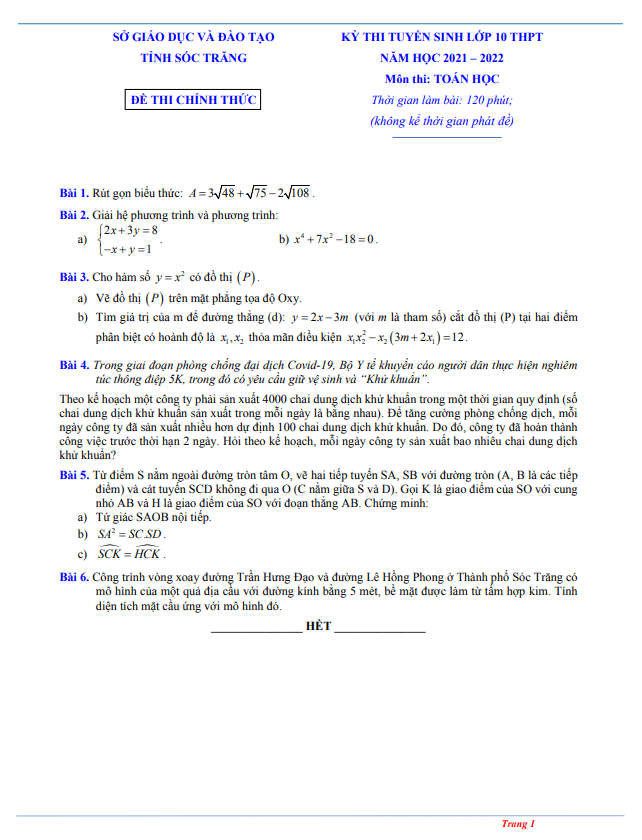 Đề tuyển sinh lớp 10 THPT môn Toán năm 2021 – 2022 sở GD&ĐT Sóc Trăng