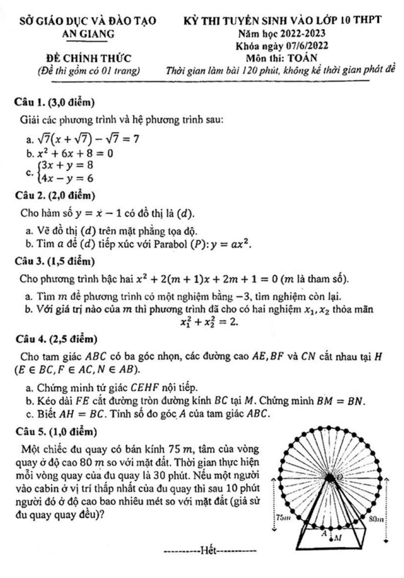 Đề tuyển sinh lớp 10 THPT môn Toán năm 2022 – 2023 sở GD&ĐT An Giang