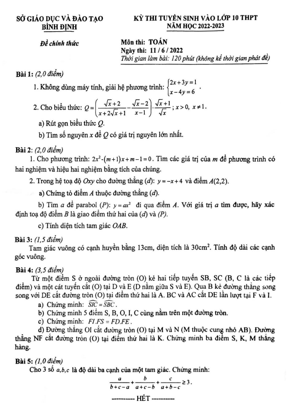 Đề tuyển sinh lớp 10 THPT môn Toán năm 2022 – 2023 sở GD&ĐT Bình Định