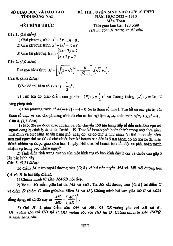 Đề tuyển sinh lớp 10 THPT môn Toán năm 2022 – 2023 sở GD&ĐT Đồng Nai