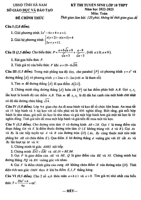 Đề tuyển sinh lớp 10 THPT môn Toán năm 2022 – 2023 sở GD&ĐT Hà Nam