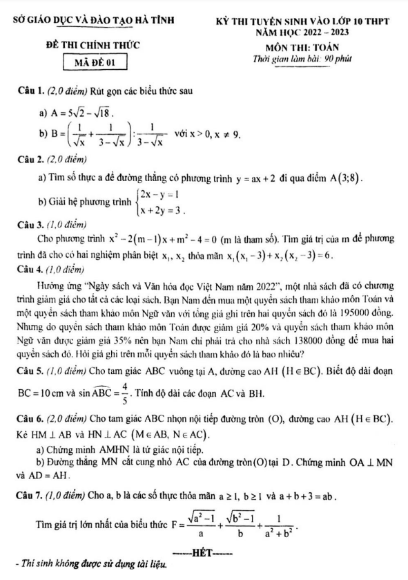 Đề tuyển sinh lớp 10 THPT môn Toán năm 2022 – 2023 sở GD&ĐT Hà Tĩnh