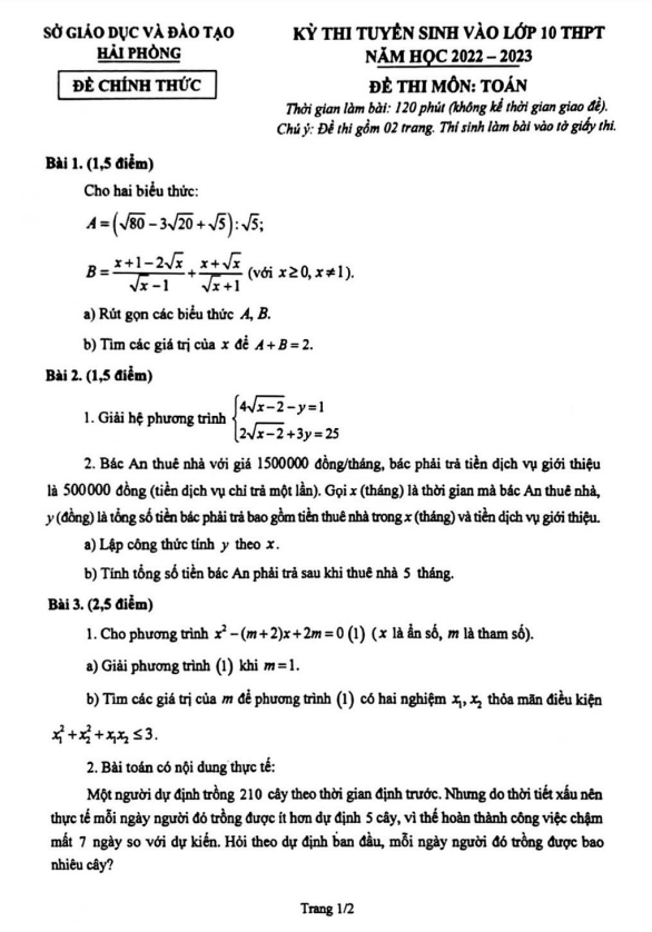 Đề tuyển sinh lớp 10 THPT môn Toán năm 2022 – 2023 sở GD&ĐT Hải Phòng