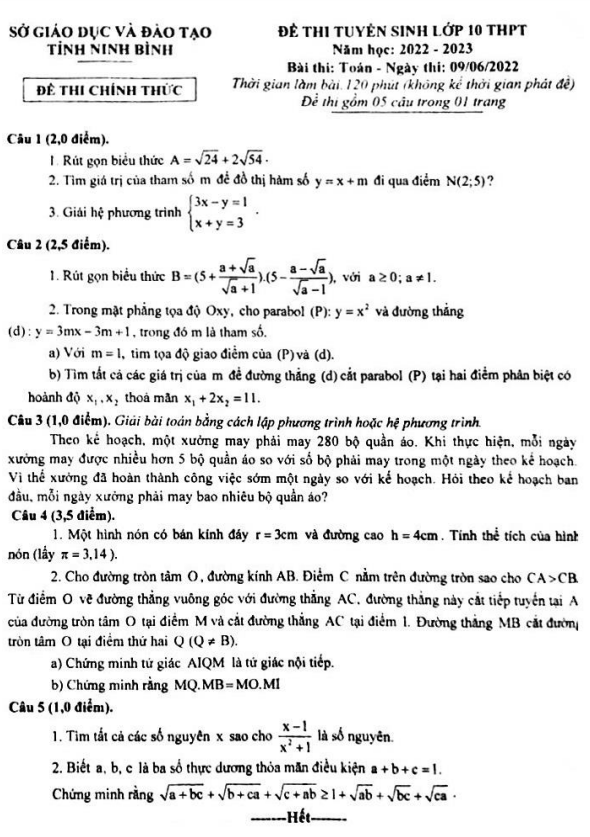 Đề tuyển sinh lớp 10 THPT môn Toán năm 2022 – 2023 sở GD&ĐT Ninh Bình