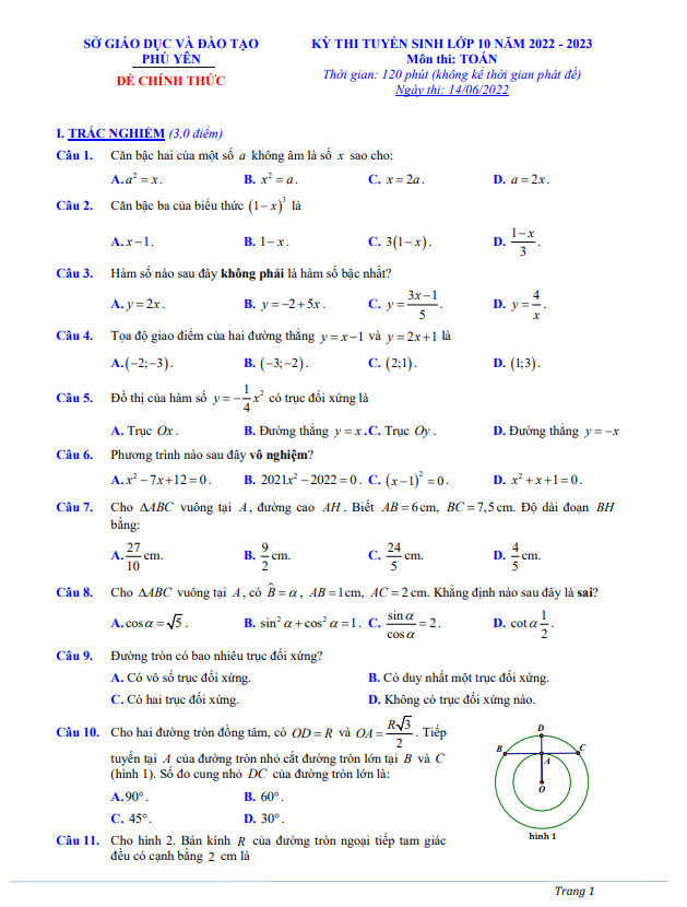 Đề tuyển sinh lớp 10 THPT môn Toán năm 2022 – 2023 sở GD&ĐT Phú Yên