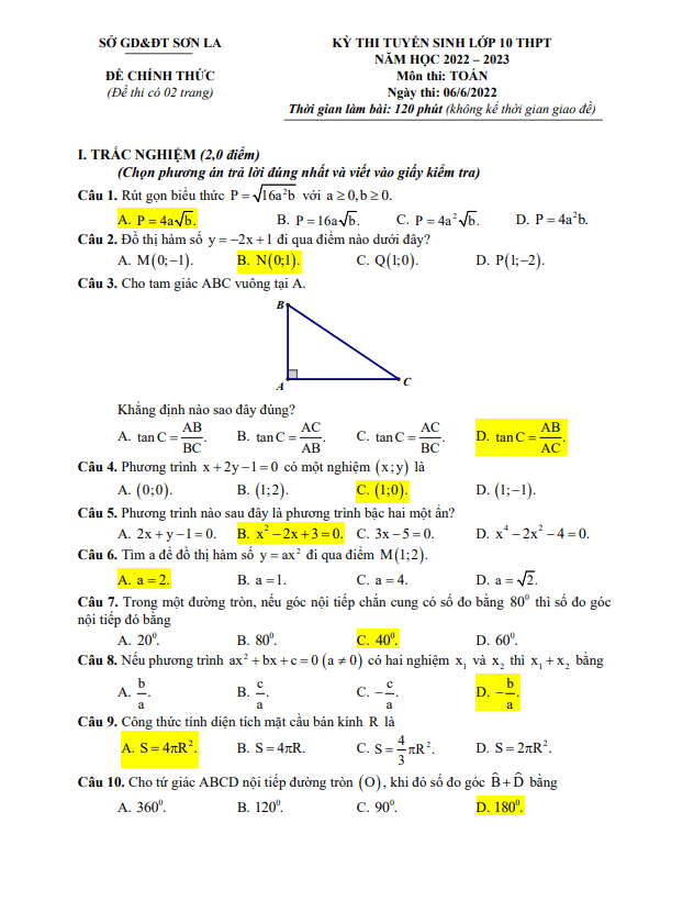 Đề tuyển sinh lớp 10 THPT môn Toán năm 2022 – 2023 sở GD&ĐT Sơn La