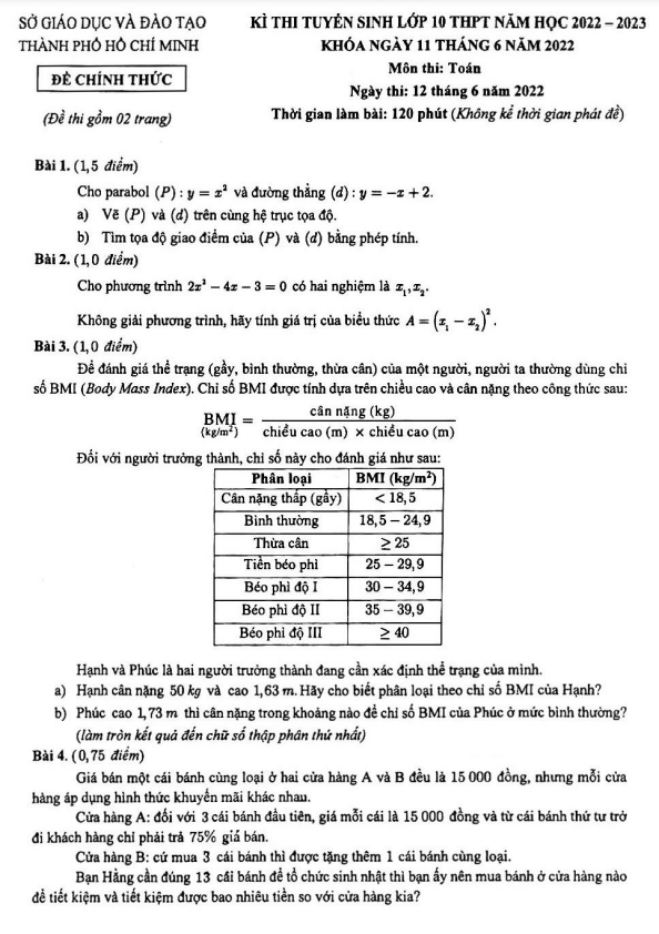 Đề tuyển sinh lớp 10 THPT môn Toán năm 2022 – 2023 sở GD&ĐT TP Hồ Chí Minh