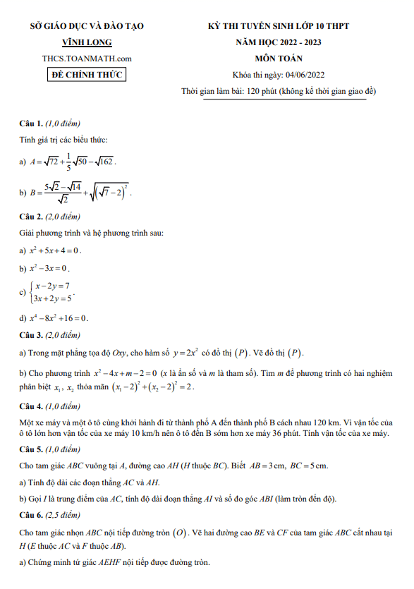 Đề tuyển sinh lớp 10 THPT môn Toán năm 2022 – 2023 sở GD&ĐT Vĩnh Long