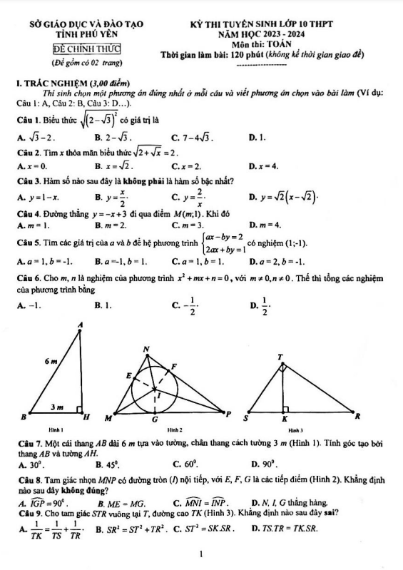 Đề tuyển sinh lớp 10 THPT môn Toán năm 2023 – 2024 sở GD&ĐT Phú Yên