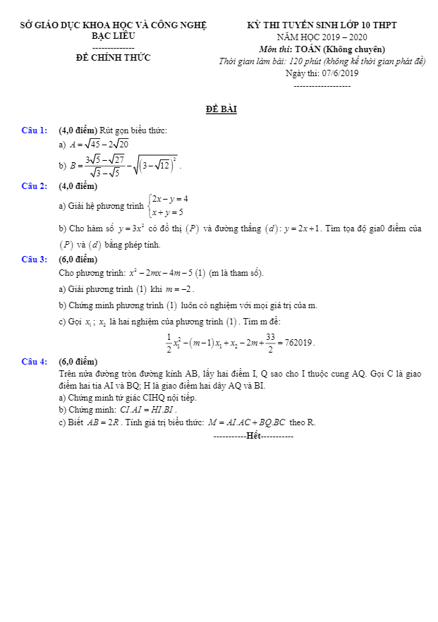 Đề tuyển sinh lớp 10 THPT năm 2019 – 2020 môn Toán sở GD&ĐT Bạc Liêu