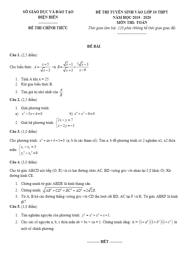 Đề tuyển sinh lớp 10 THPT năm 2019 – 2020 môn Toán sở GD&ĐT Điện Biên