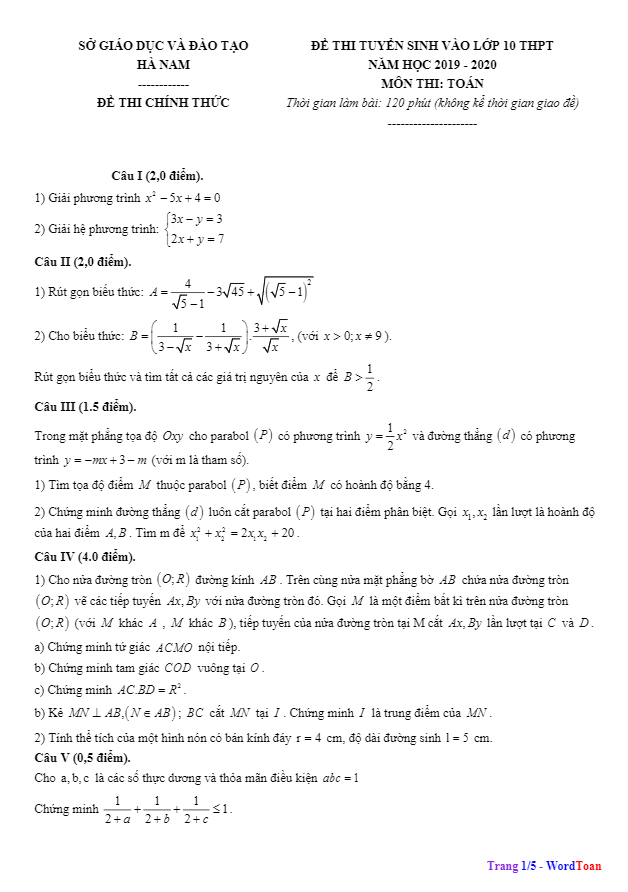 Đề tuyển sinh lớp 10 THPT năm 2019 – 2020 môn Toán sở GD&ĐT Hà Nam