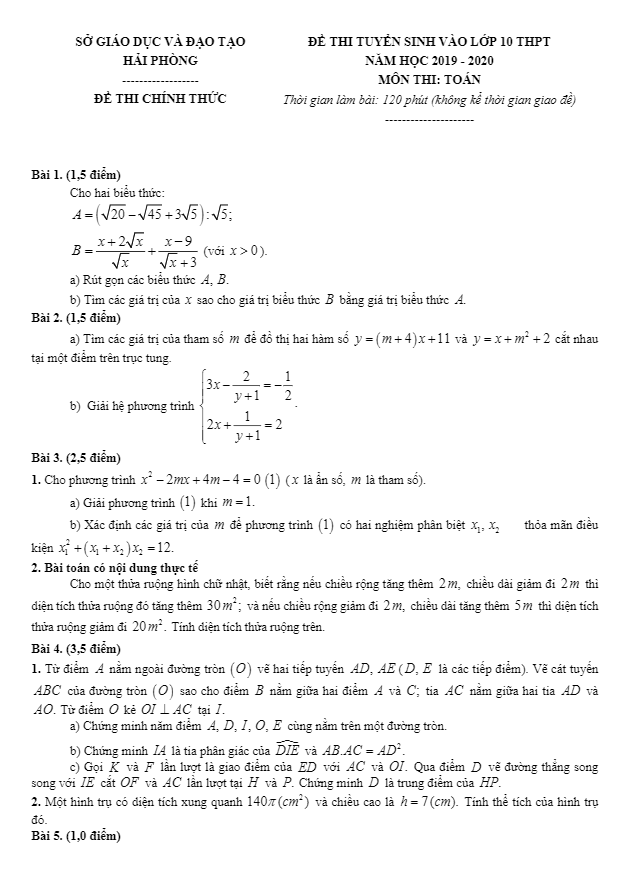 Đề tuyển sinh lớp 10 THPT năm 2019 – 2020 môn Toán sở GD&ĐT Hải Phòng