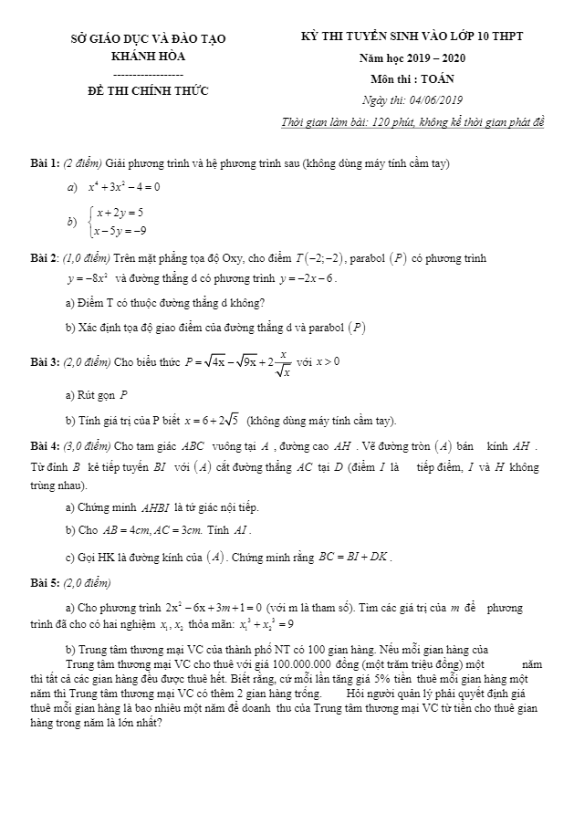 Đề tuyển sinh lớp 10 THPT năm 2019 – 2020 môn Toán sở GD&ĐT Khánh Hòa