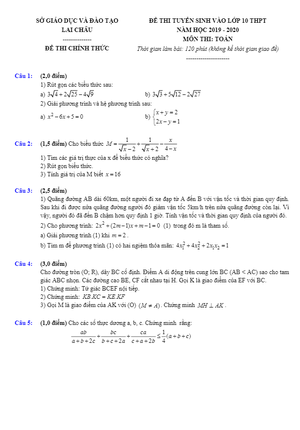 Đề tuyển sinh lớp 10 THPT năm 2019 – 2020 môn Toán sở GD&ĐT Lai Châu
